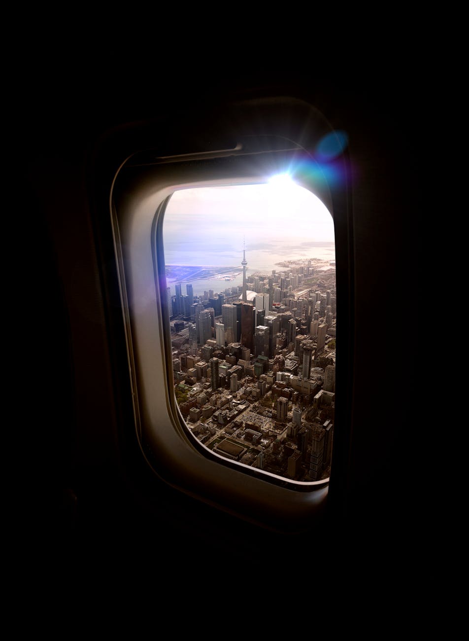aerial view of cityscape from an airplane window